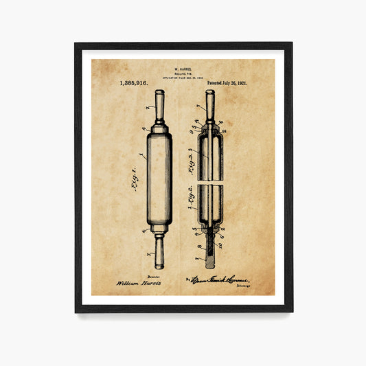 Baking Rolling Pin Patent Poster, Kitchen Wall Art