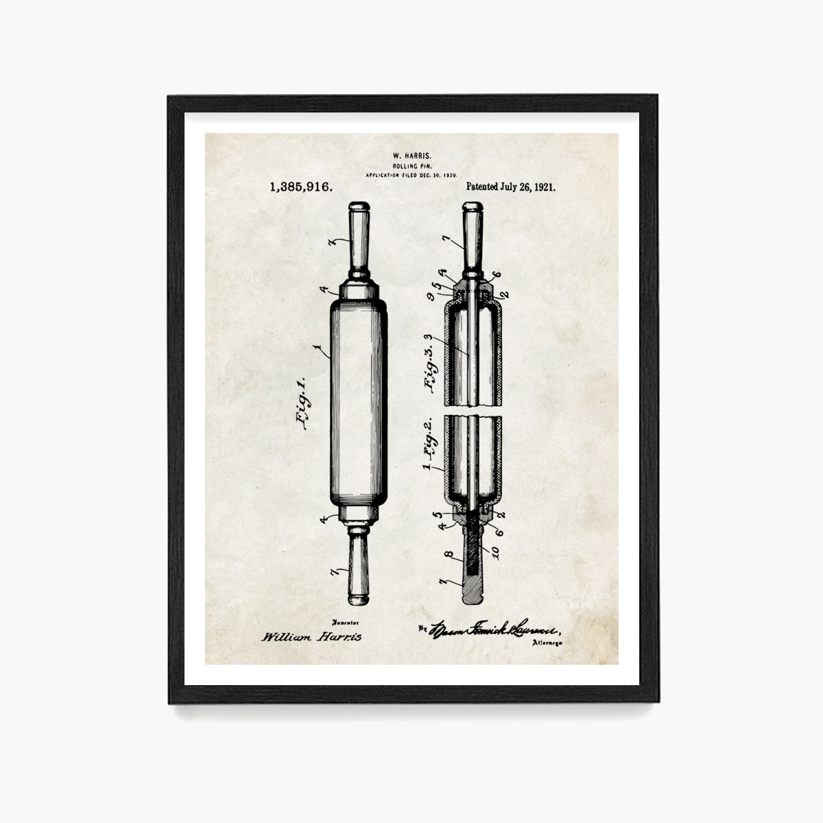 Baking Rolling Pin Patent Poster, Kitchen Wall Art