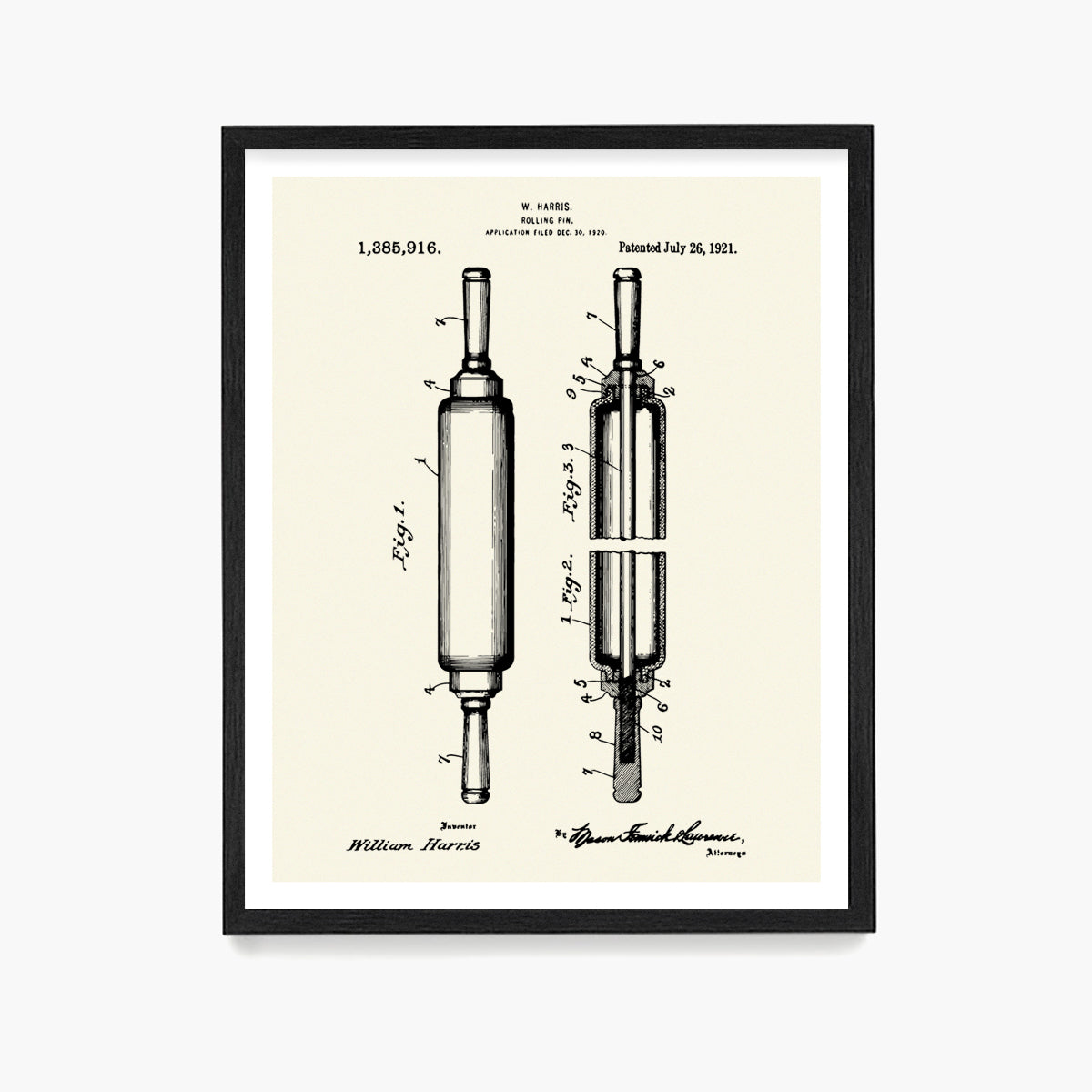 Baking Rolling Pin Patent Poster, Kitchen Wall Art