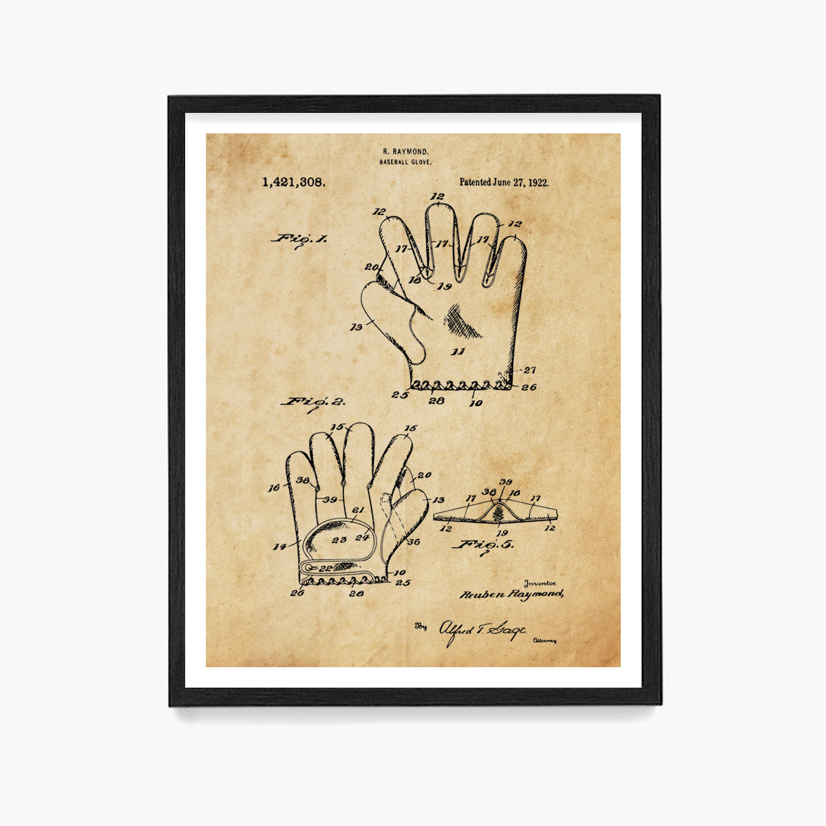 Baseball Glove Patent Poster, Baseball Wall Art