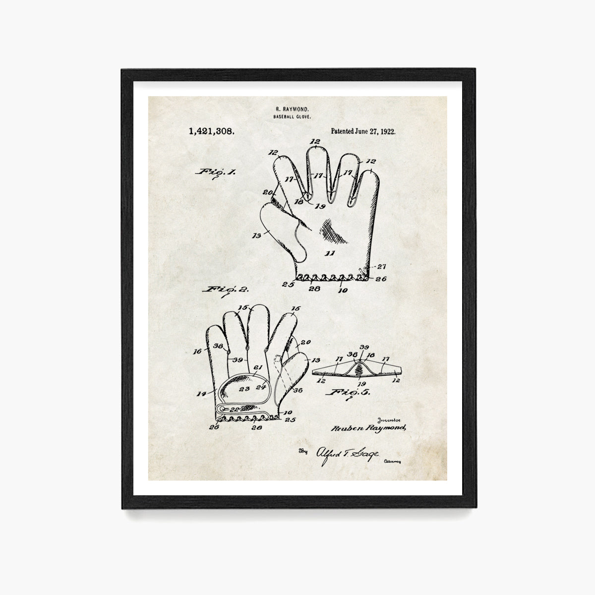 Baseball Glove Patent Poster, Baseball Wall Art