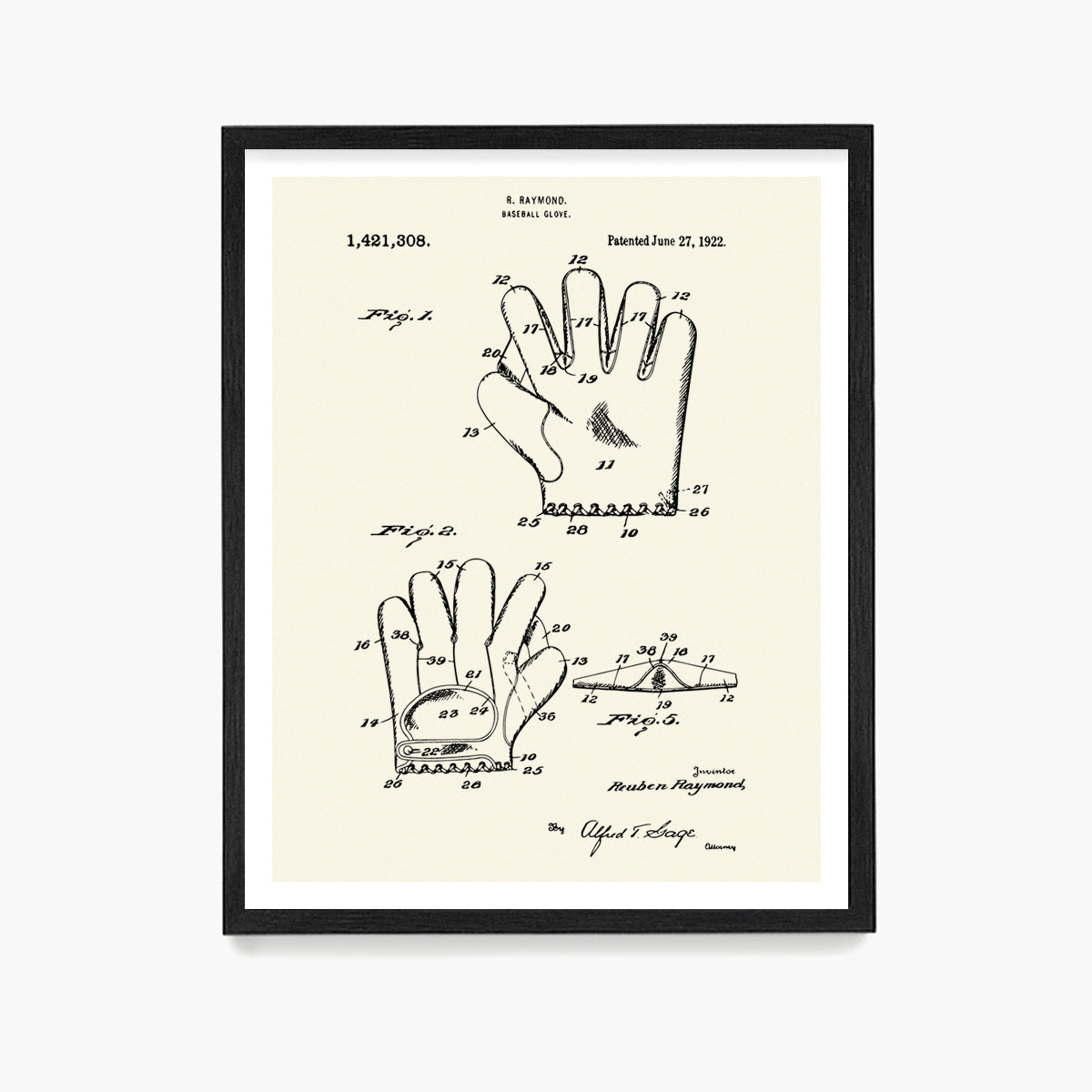Baseball Glove Patent Poster, Baseball Wall Art