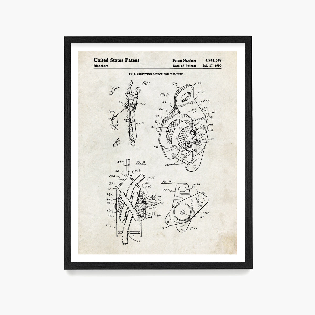 Climbing Belay Patent Poster, Climbing Wall Art