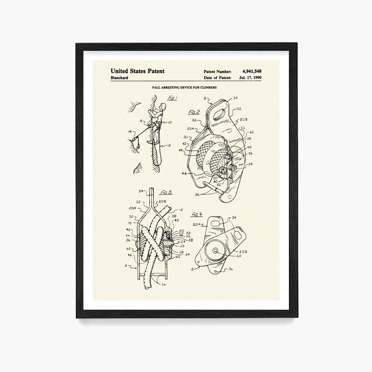 Climbing Belay Patent Poster, Climbing Wall Art