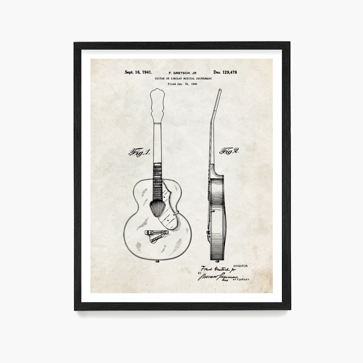 Gretsch Guitar Patent Poster, Guitar Patent Wall Art