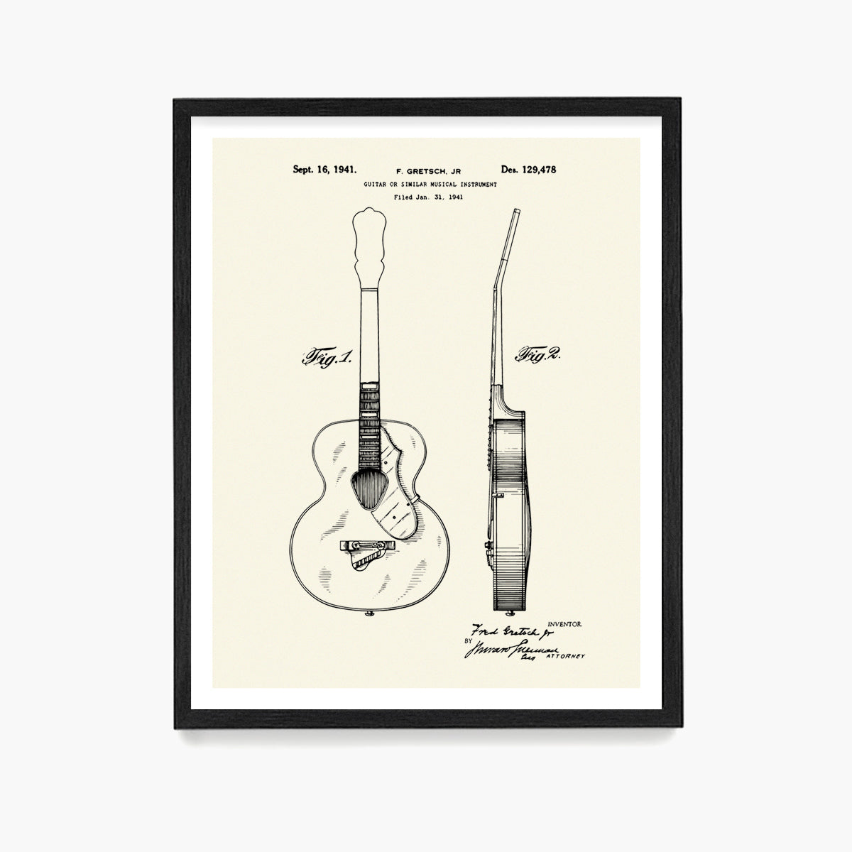 Gretsch Guitar Patent Poster, Guitar Patent Wall Art