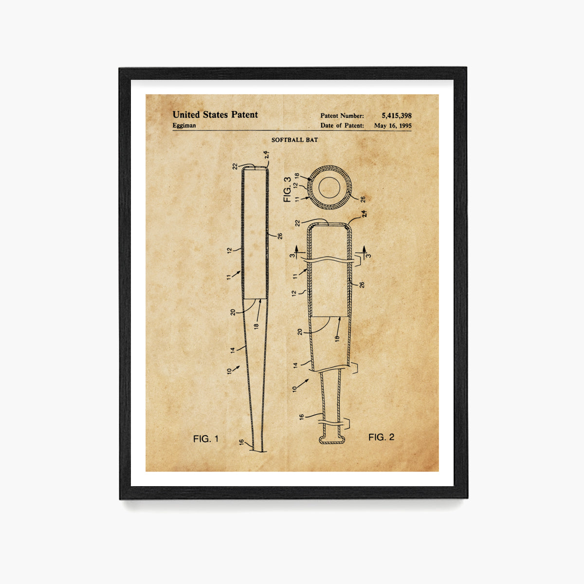 Softball Bat Patent Poster, Softball Wall Art