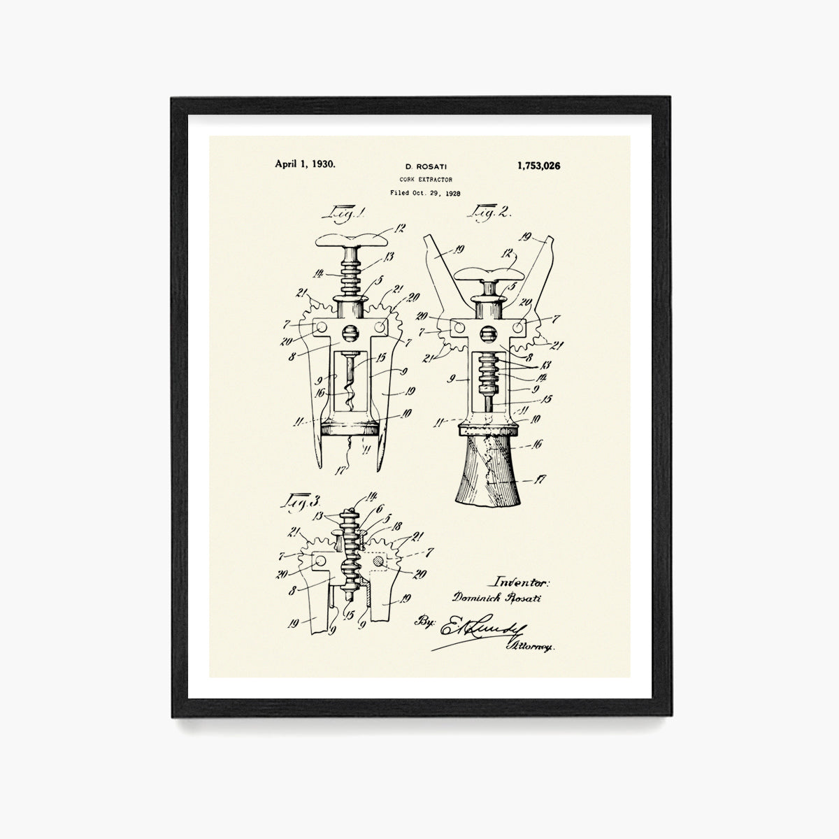 Wine Cork Screw Patent Poster, Kitchen Wall Art