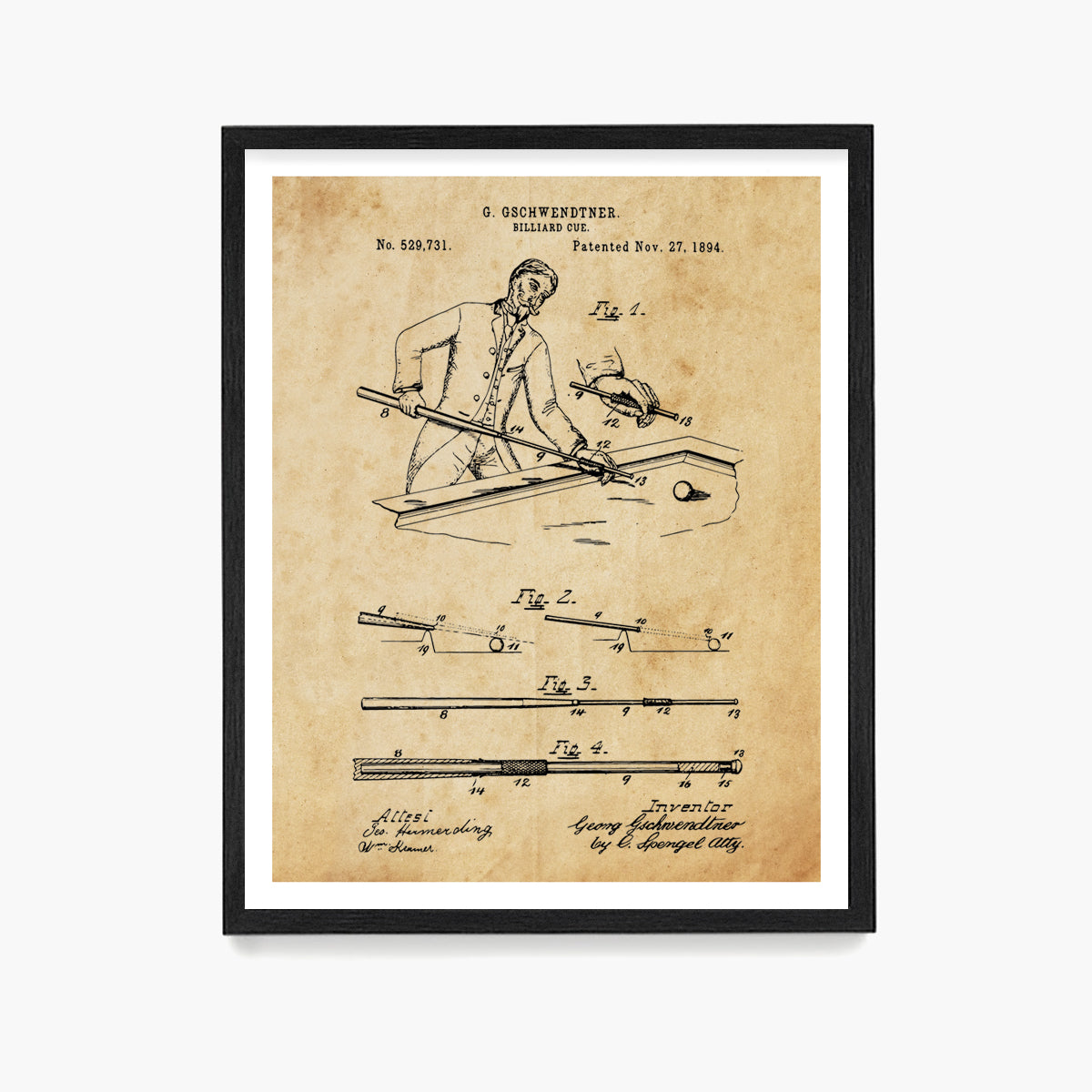 Billiards Cue Patent Poster, Billiards Player Wall Art, Game Room Decor