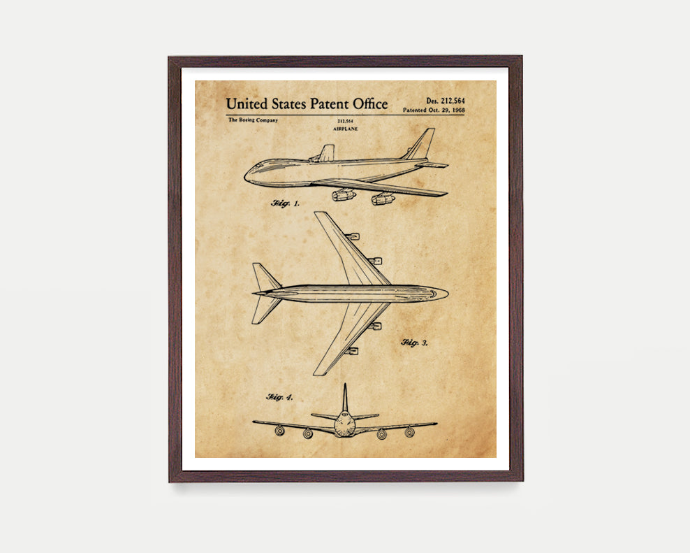 Boeing 747 Airplane Patent Poster, Aviation Wall Art