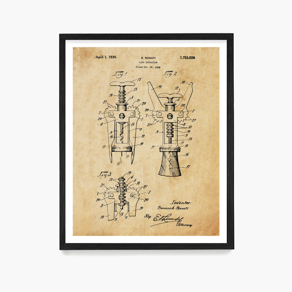 Wine Cork Screw Patent Poster, Kitchen Wall Art